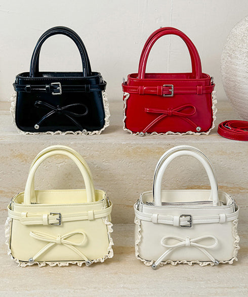 ショルダーバッグ 小さめ フェイクレザー ハンドバッグ スクエア 2way 肩掛けバッグ リボンデザイン 大人かわいい手提げ鞄 レース 斜め掛けカバン フェミニン 77YUEL-002